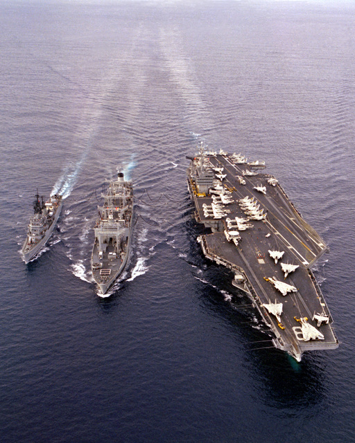 An aerial bow view of the nuclear-powered aircraft carrier USS DWIGHT D ...