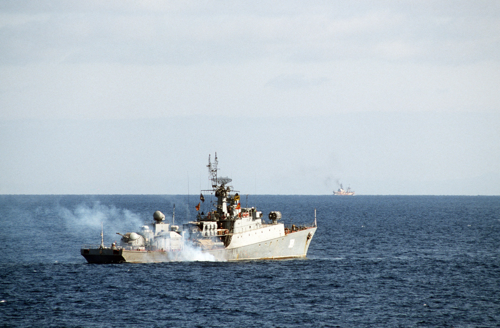 A starboard quarter view of a Soviet Grisha III class frigate (369 ...