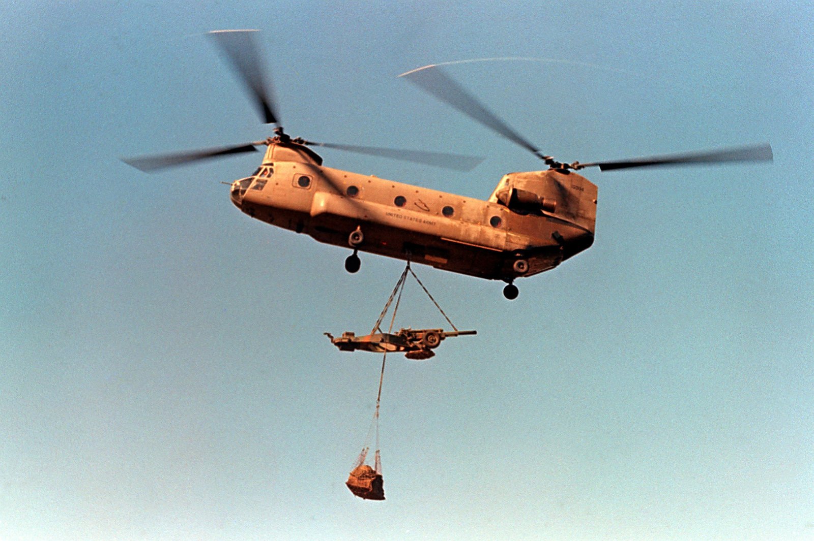 A ground-to-air view of a CH-47 Chinook helicopter from the 147th ...