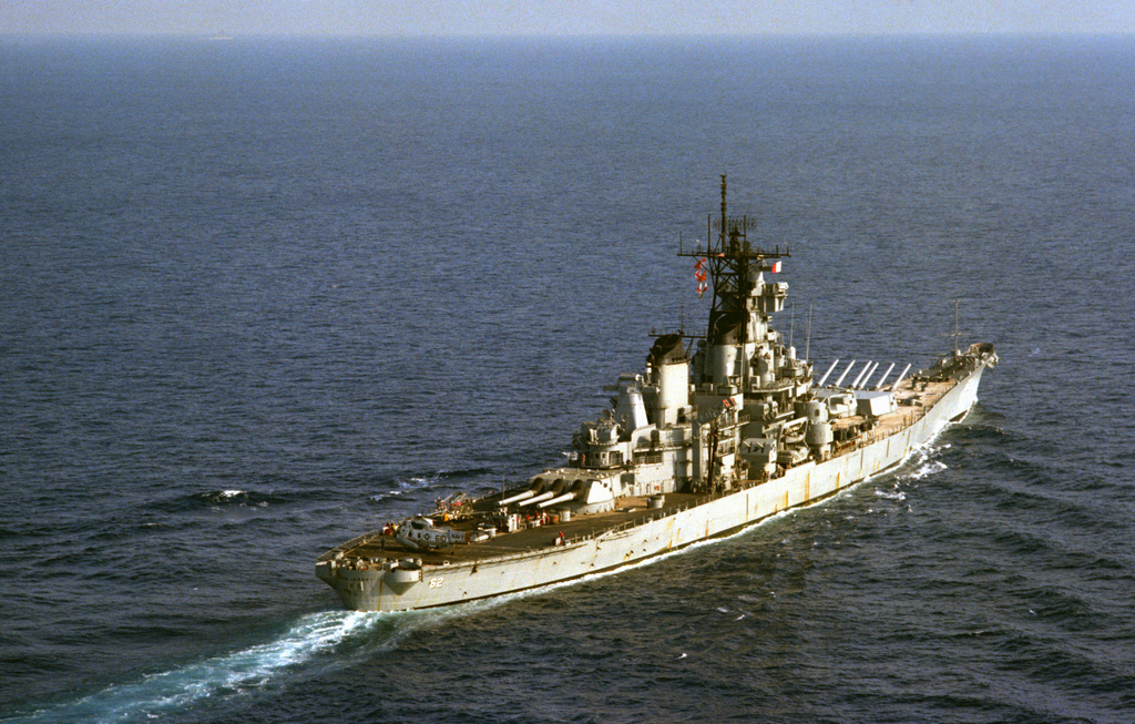 A starboard quarter view of the battleship USS NEW JERSEY (BB 62 ...