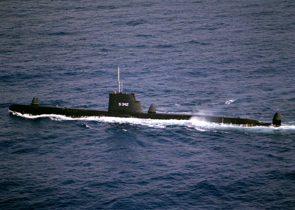 An aerial port side view of the Turkish submarine HIZIR REIS (S-342 ...