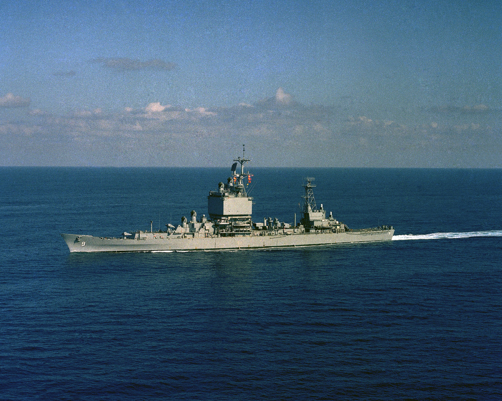 Aerial port beam view of the nuclear-powered guided missile cruiser USS ...