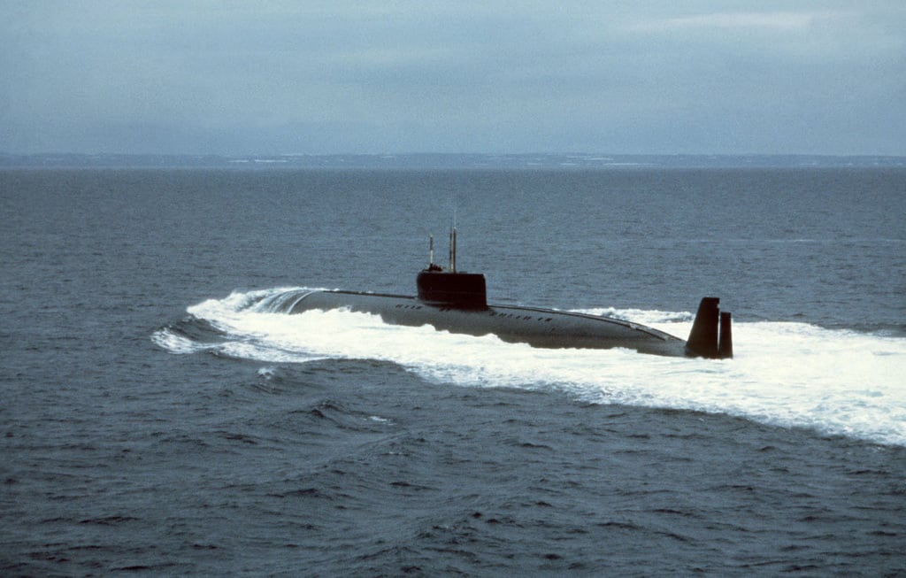 A port quarter view of a Soviet Papa class nuclear-powered cruise ...