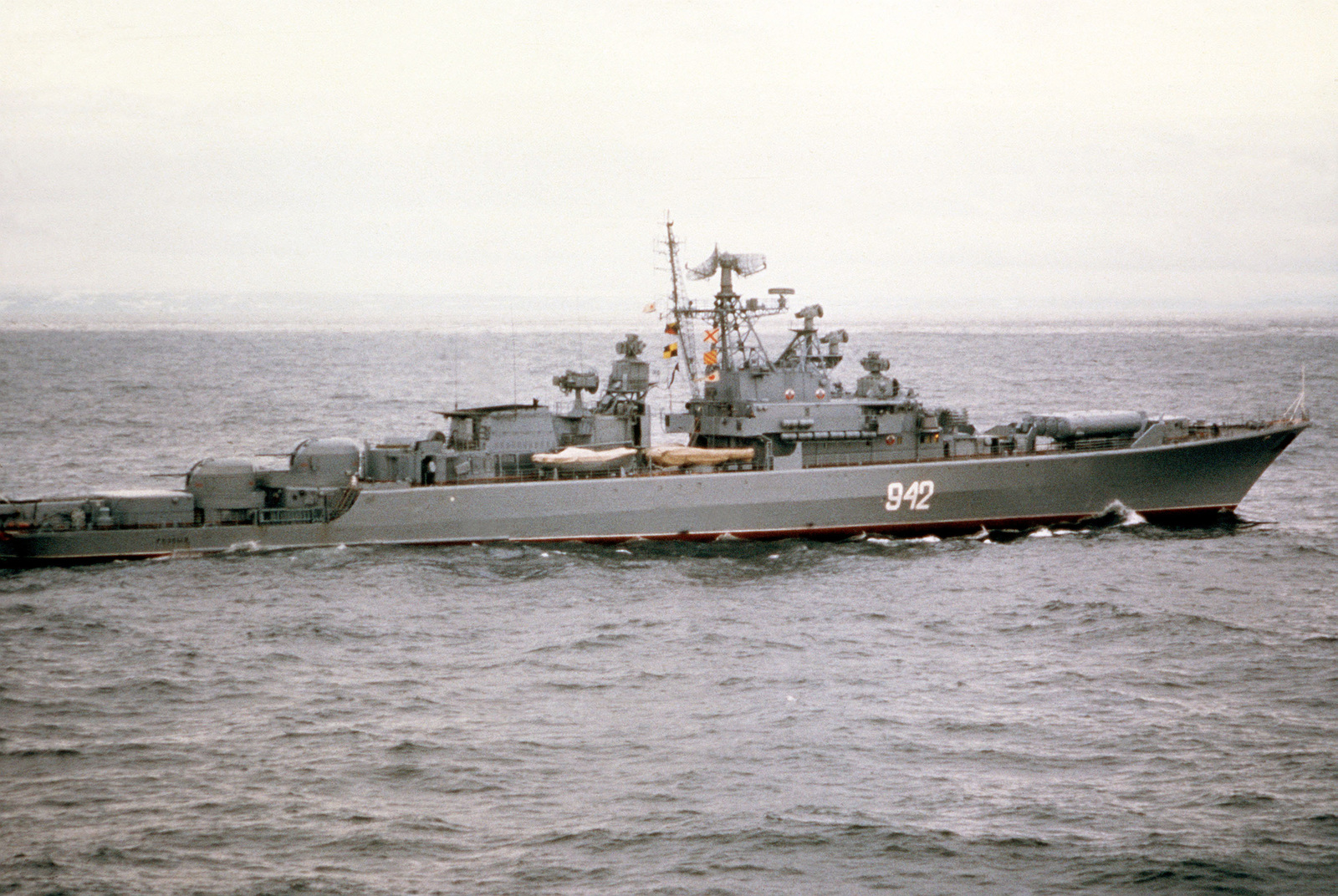 A starboard beam view of the Soviet 