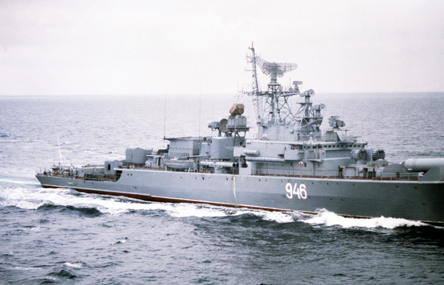 A starboard bow view of the Soviet 