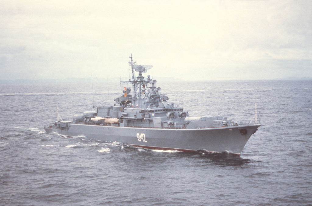 A starboard bow view of the Soviet Krivak II class guided missile ...