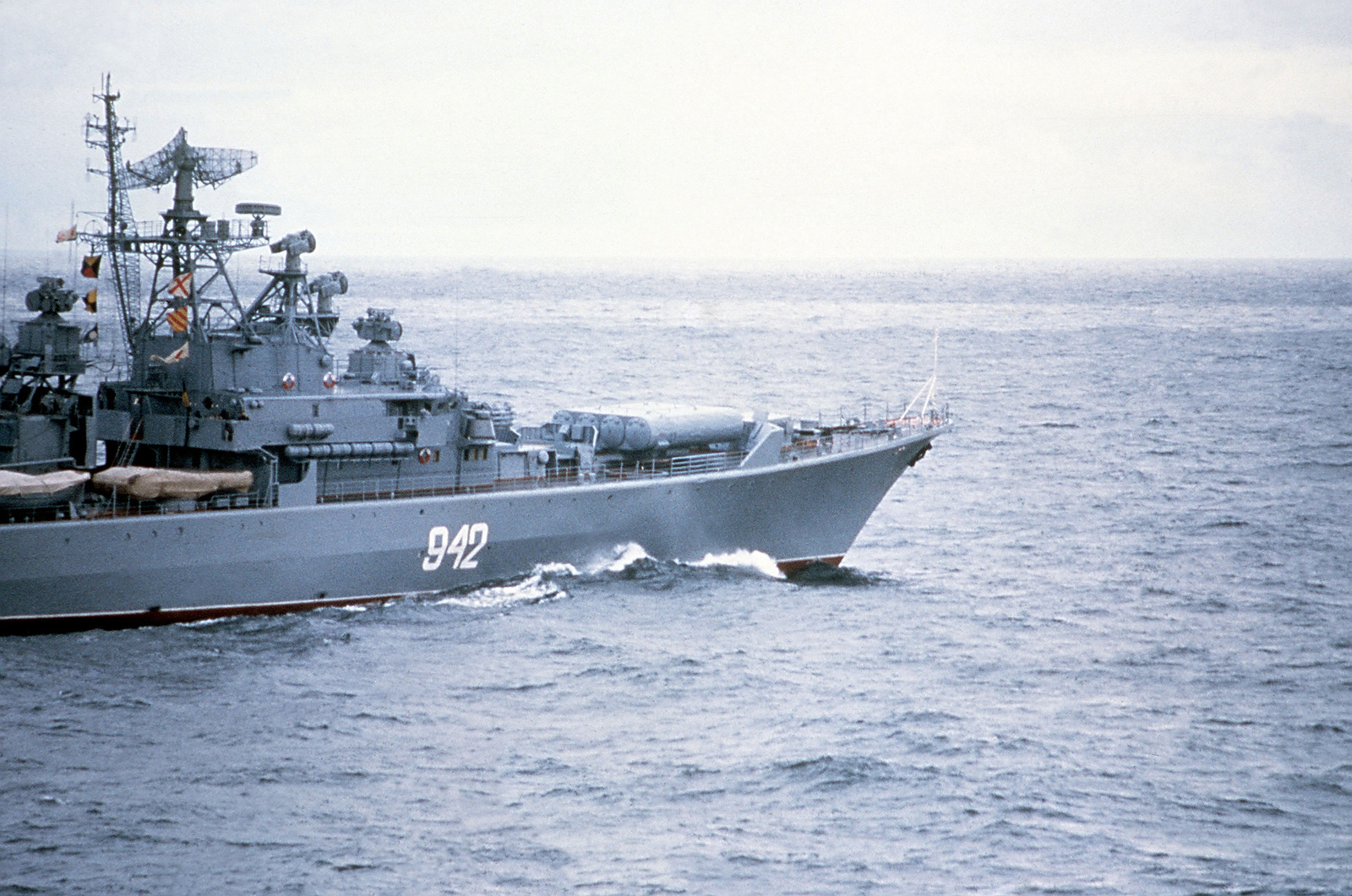 A starboard view of the forward section of the Soviet Krivak II class ...