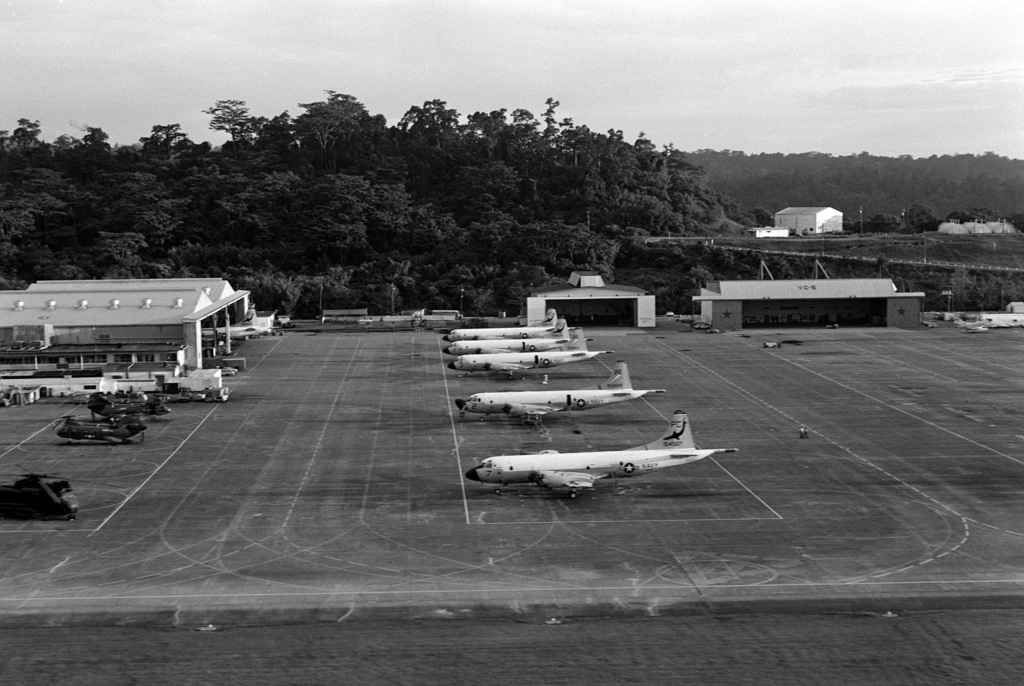 Aerial view of Arthur W. Radford Field. Five P-3 Orion aircraft are ...