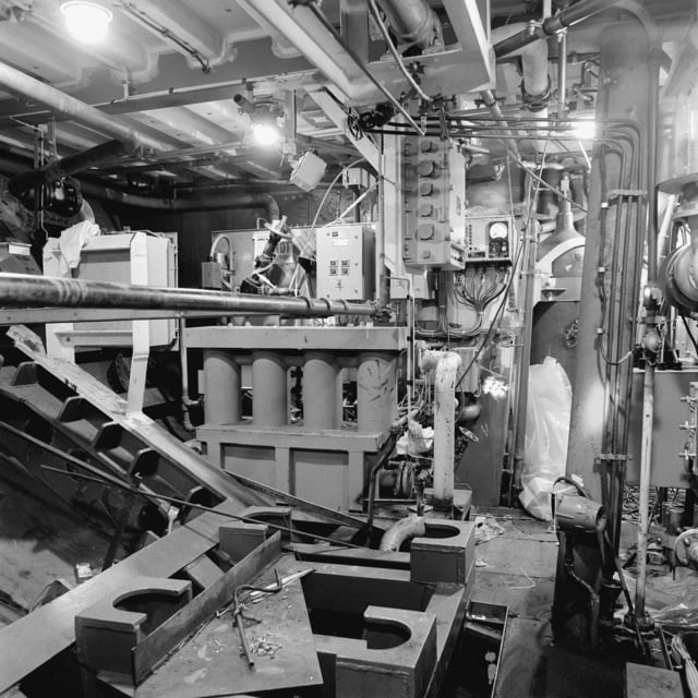 An interior view of auxiliary machine room No. 1 on the guided missile ...