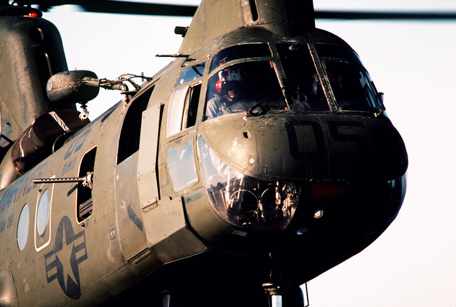 A USMC CH-46E (Sea Knight) helicopter from Marine Helicopter