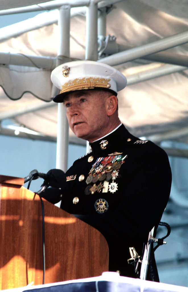 General Paul X Kelley Commandant Of The Marine Corps Addresses Guest Attending The Commissioning Ceremony For