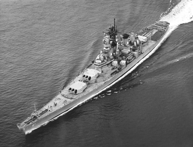 An Elevated Port Bow View Of The Battleship USS IOWA (BB 61) Underway ...