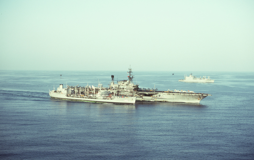 A Starboard Bow View Of The Oiler Usns Hassayampa T Ao 145 Refueling The Aircraft Carrier