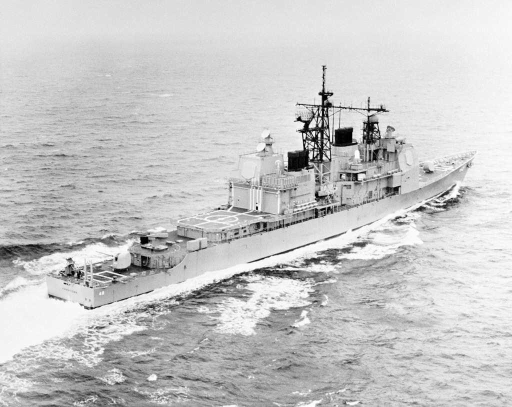 A starboard quarter view of the Aegis guided missile cruiser USS ...