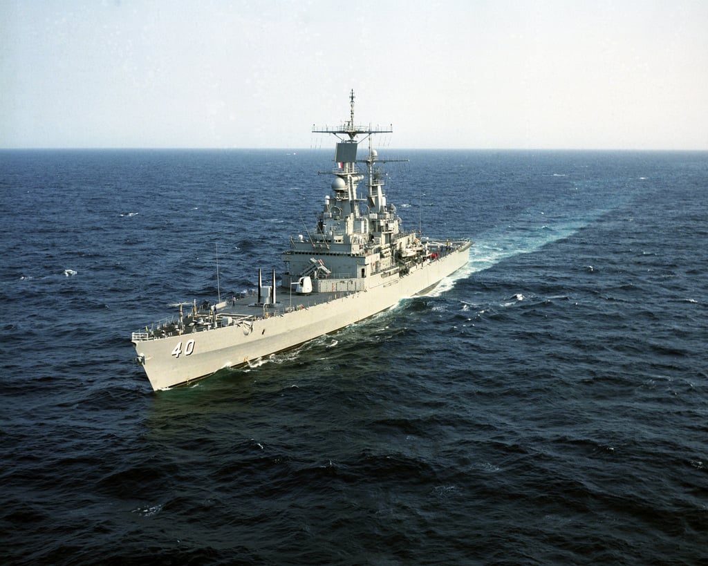 An aerial port bow view of the nuclear-powered guided missile cruiser ...