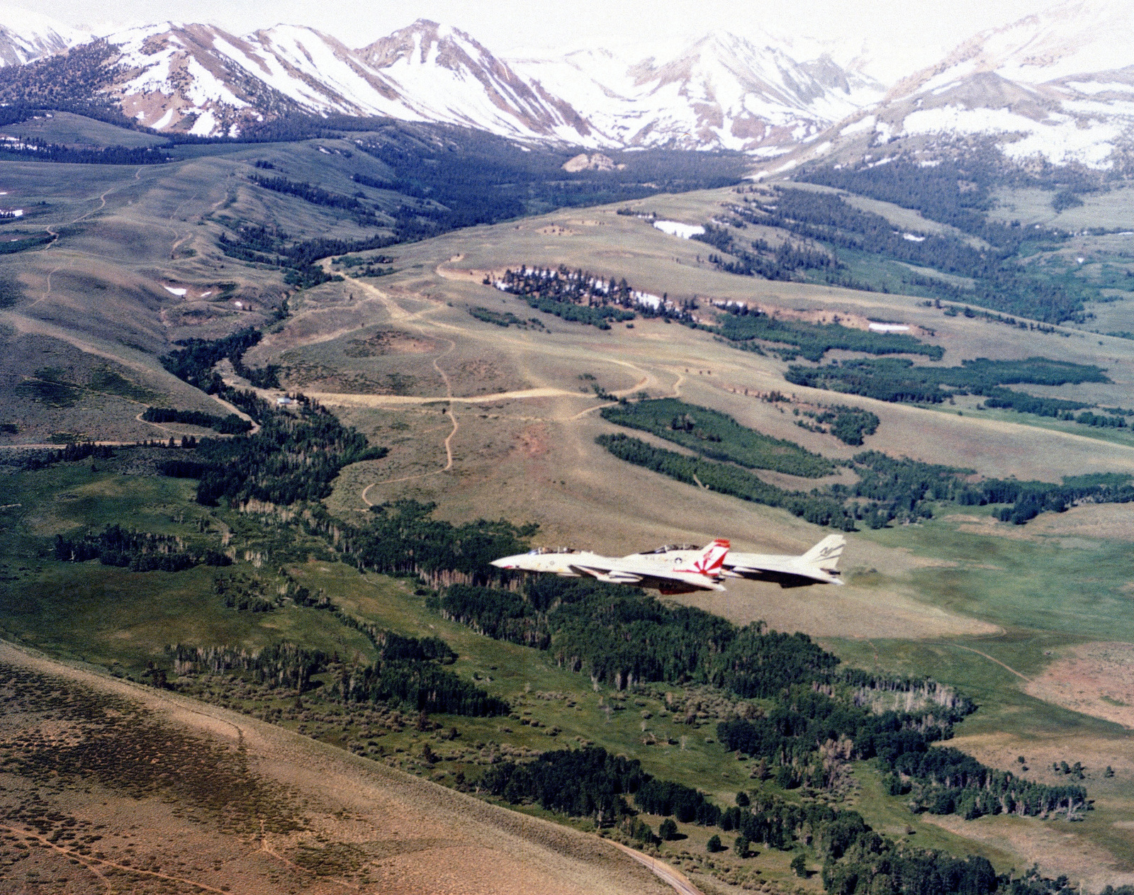 An air-to-air left side view of two F-14 Tomcat aircraft ...