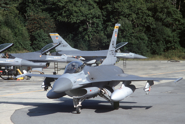 A Left Front View Of F 16 Fighting Falcon Aircraft As They Taxi Out Ot