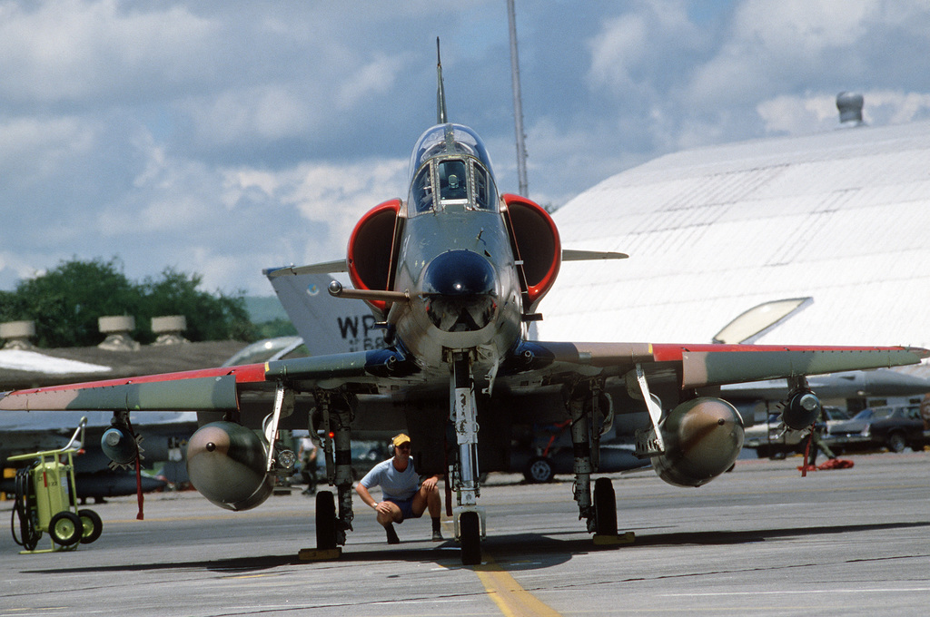 Front view of an A-4K Skyhawk aircraft of the 75th Squadron, Royal New ...