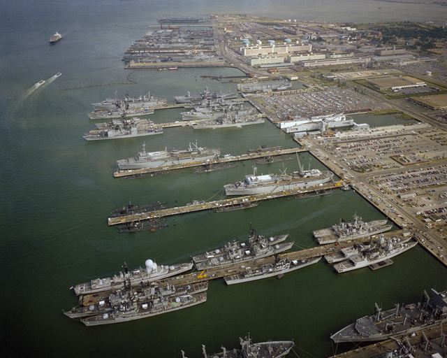 An aerial view of the destroyer and submarine piers (Nos. 22 and 23 ...