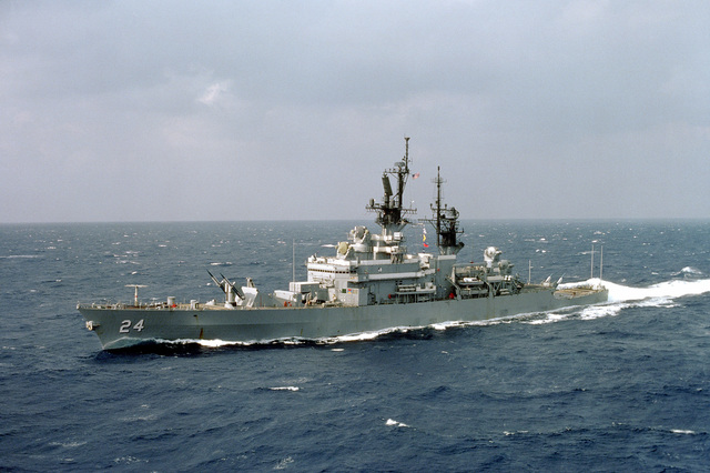 An aerial bow view of the Leahy class guided missile cruiser USS REEVES ...