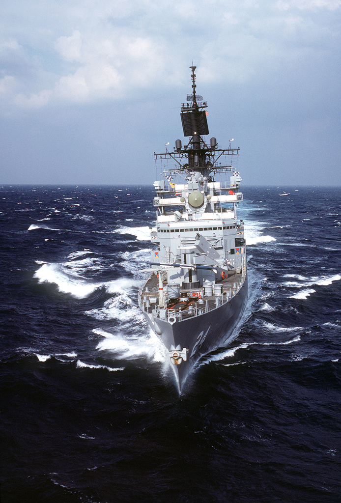 An aerial bow view of the Leahy class guided missile cruiser USS