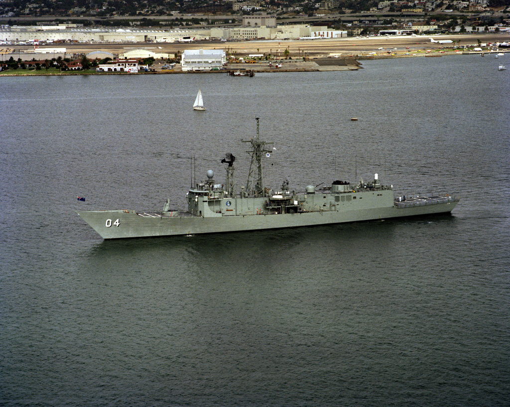 An Aerial Port Bow View Of The Australian Frigate HMAS DARWIN F 04 