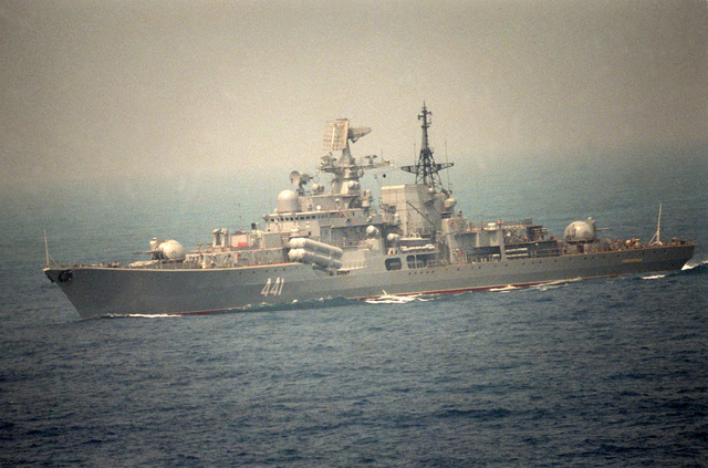 A port bow view of a Soviet Sovremenny Class guided missile destroyer ...