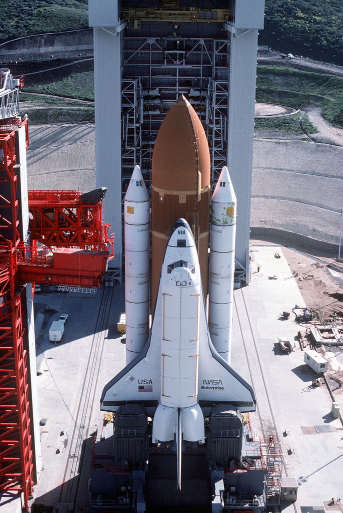 High angle view of Space Shuttle Enterprise in launch position on the