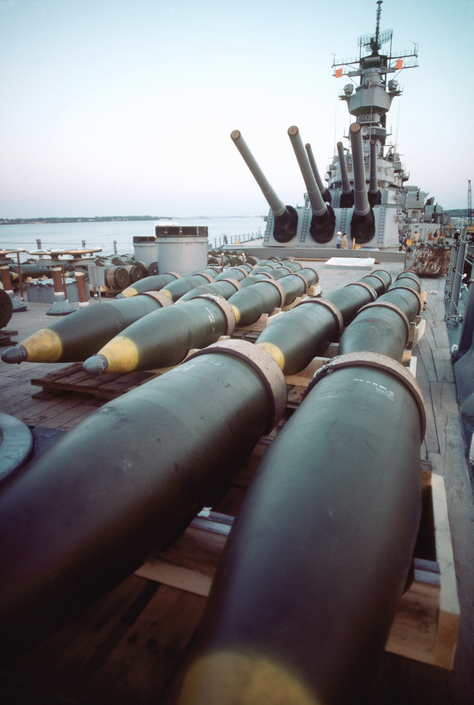 Projectiles used in the Mark-7 16-inch/50-caliber guns of the battleship USS  IOWA (BB 61) are ready for offloading at the Naval Weapons Station. The  IOWA is offloading its ammunition prior to entering