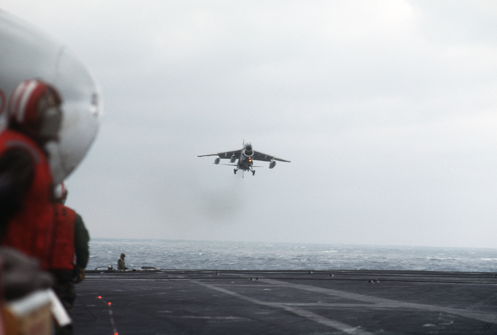 Right front view of an A-7 Corsair II aircraft coming in for an ...