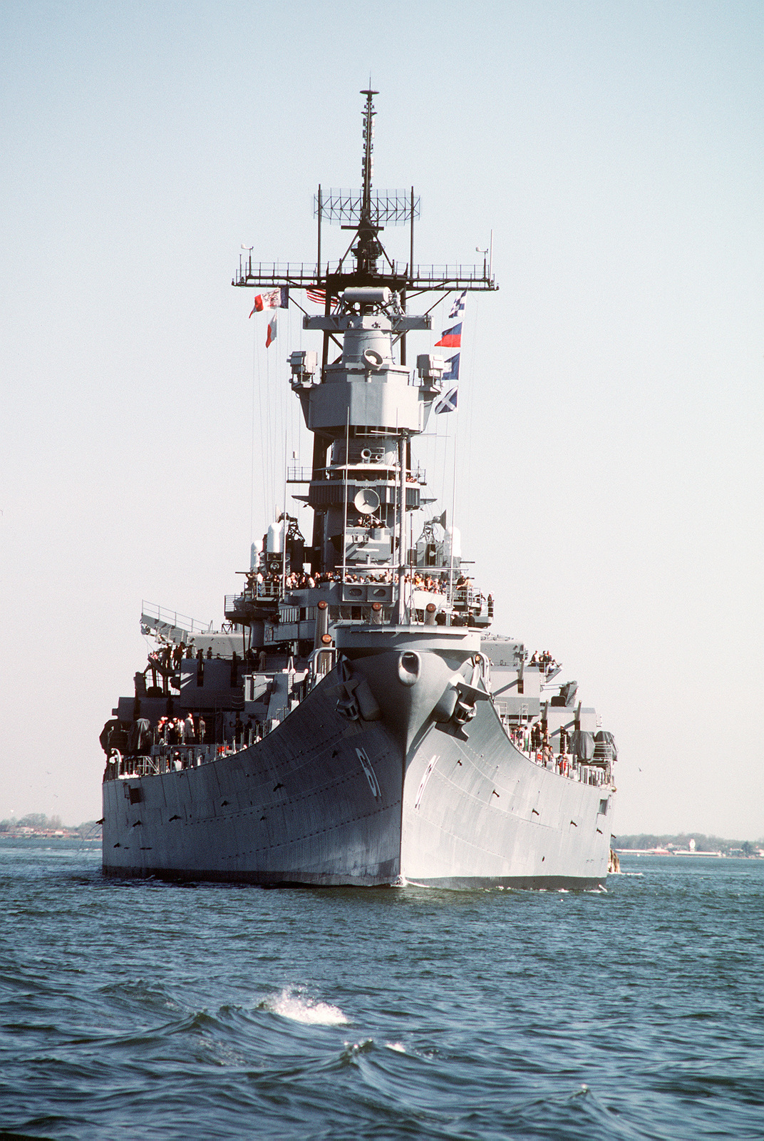 A bow view of the battleship USS IOWA (BB 61) enroute to the Norfolk ...