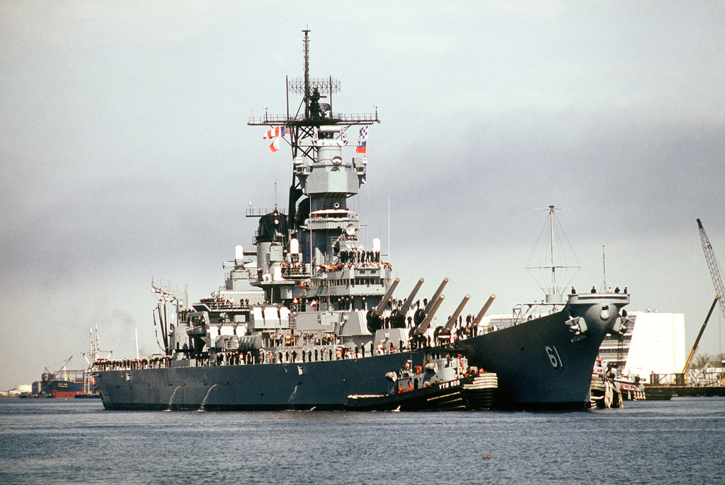 A starboard bow view of the battleship USS IOWA (BB 61) enroute to the ...