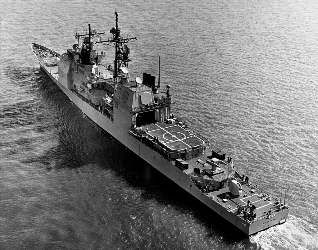 An elevated port quarter view of the guided missile cruiser USS ...