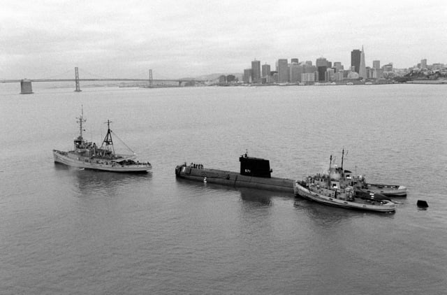 A port beam view of the decommissioned nuclear-powered attack submarine ...