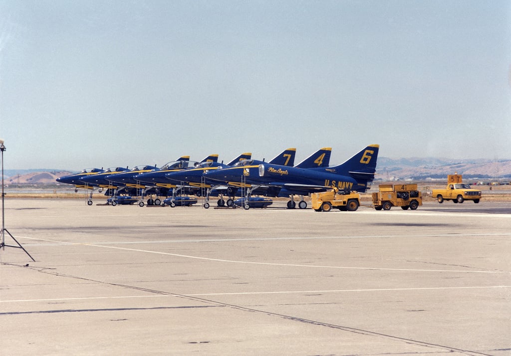 A left side view of five A-4F Skyhawk aircraft and one TA-4J Skyhawk ...