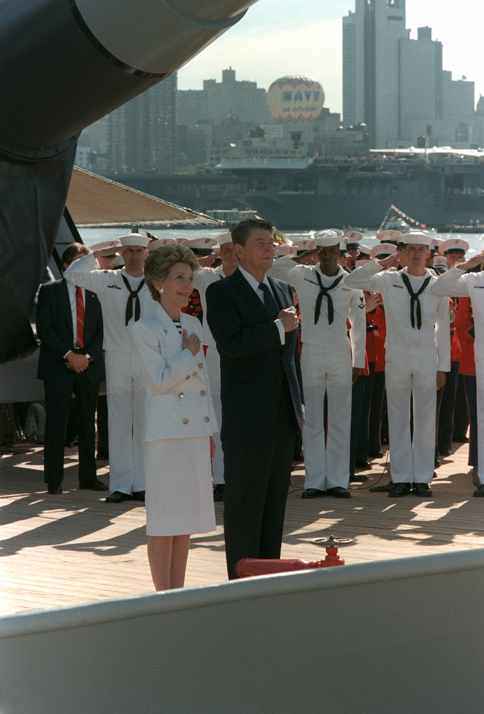 President And Mrs. Ronald Reagan And Crewmen Aboard The Battleship USS ...