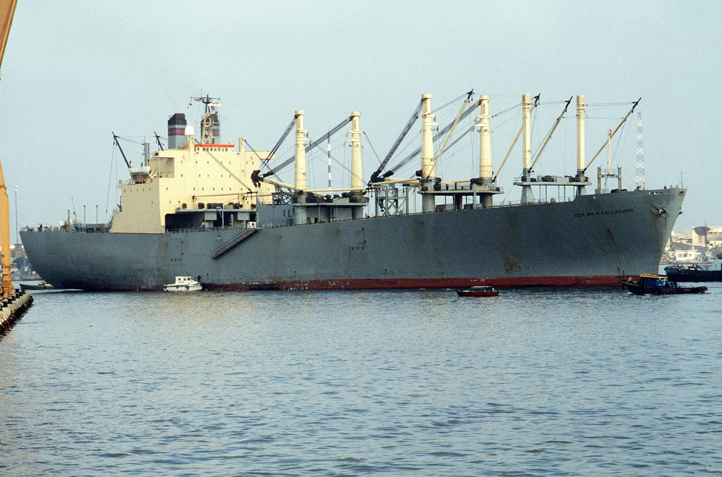 A starboard bow view of the vehicle cargo ship USNS ...