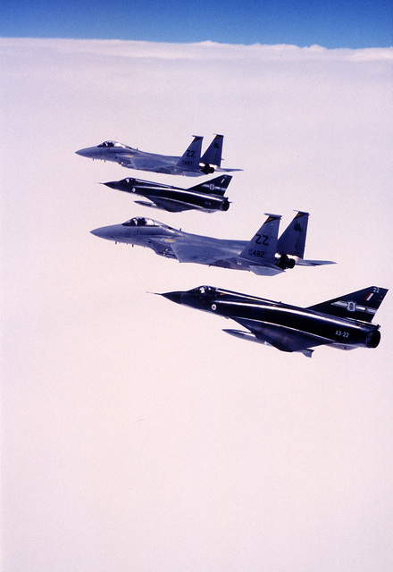 Two F-15A Eagle aircraft of the 44th Tactical Fighter Squadron and two ...