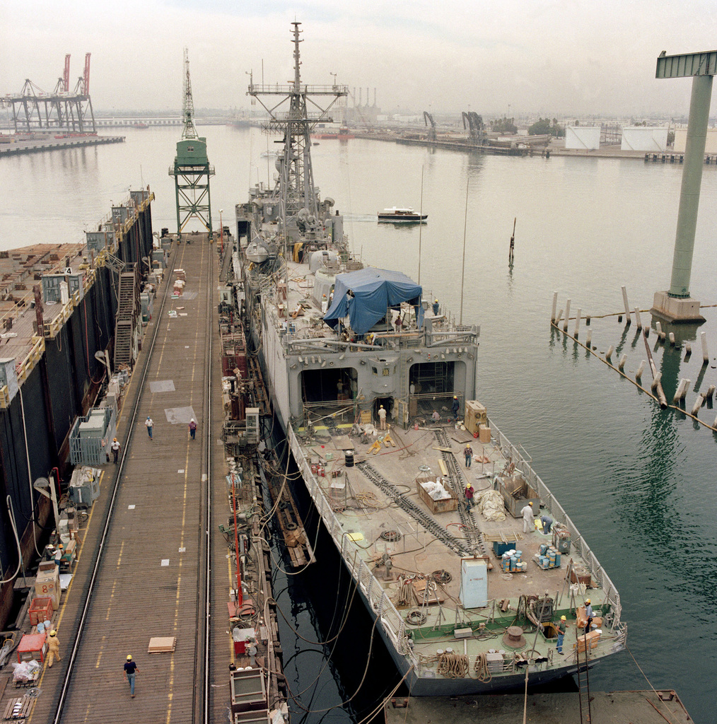 Elevated port quarter view of the guided missile frigate USS REUBEN ...