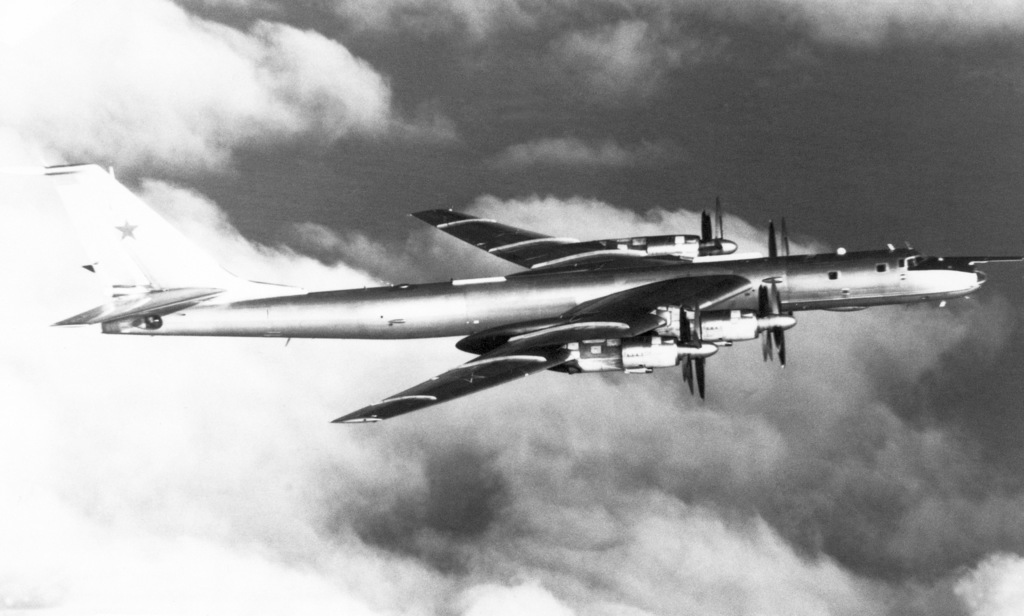 Air-to-air right side view of Soviet Tu-95 Bear-F aircraft - NARA