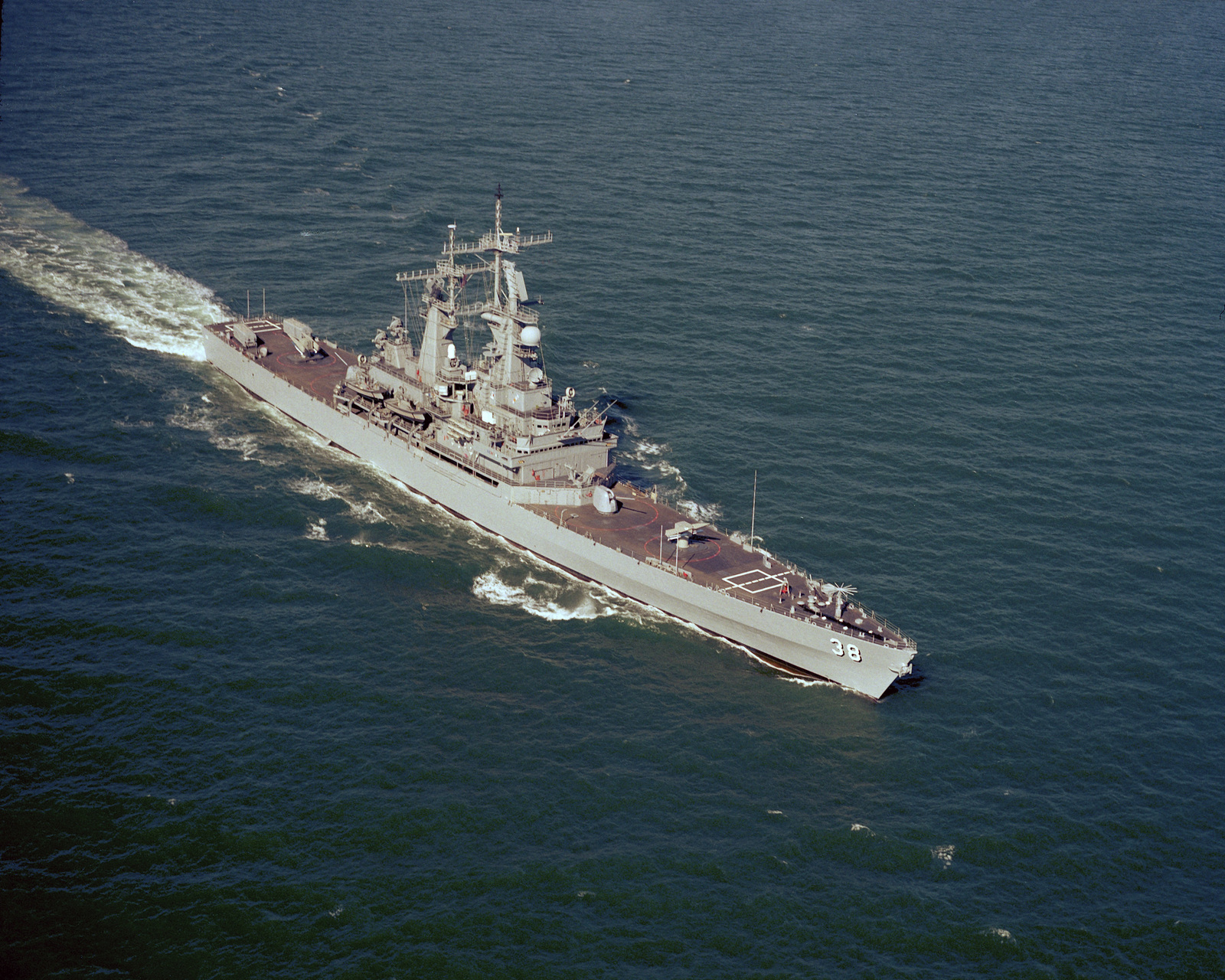 A starboard bow view of the nuclear-powered guided missile cruiser USS ...