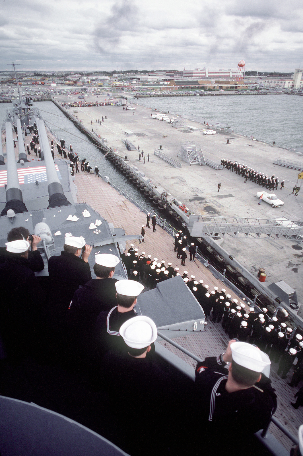 Crewmen Aboard The Battleship USS IOWA (BB-61) Wait To Go Ashore To ...