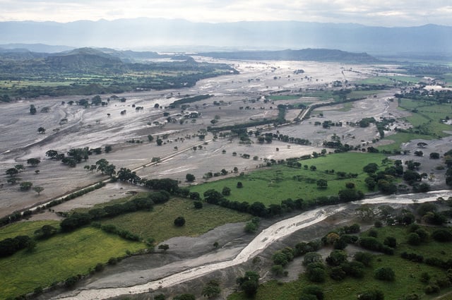 An aerial view of the town of Armero after it was devastated by mud and ...