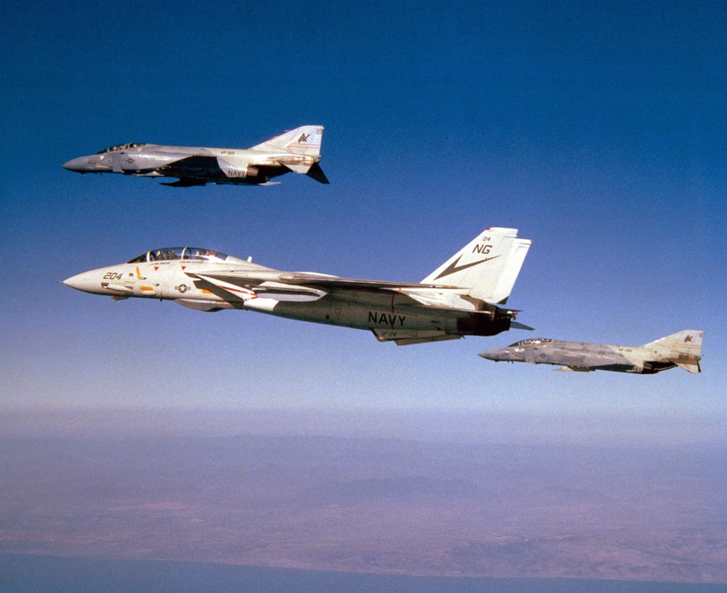 An air to air left side view of Fighter Squadron 24 (VF-24) F-14A ...