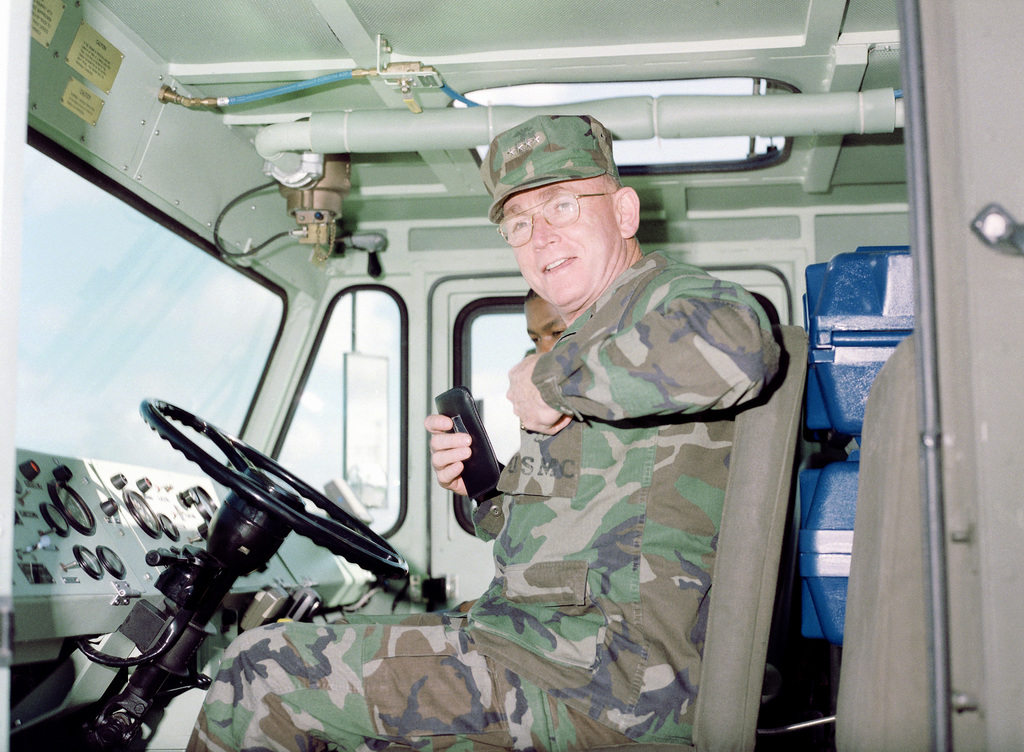 Gen P X Kelley Commandant Of The Marine Corps Prepares To Drive A Crash Crew Truck During His Visit To The Base U S National Archives Public Domain Image