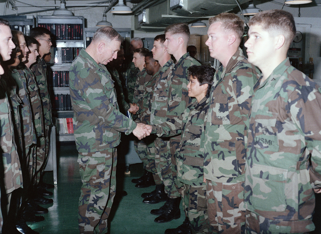 General Gen P X Kelley Commandant Of The Marine Corps Shakes Hands With Sergeant Sgt Garcia Of Air Traffic Control Platoon U S National Archives Public Domain Image