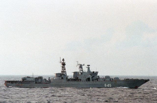 A starboard beam view of a Soviet Udaloy class guided missile destroyer ...