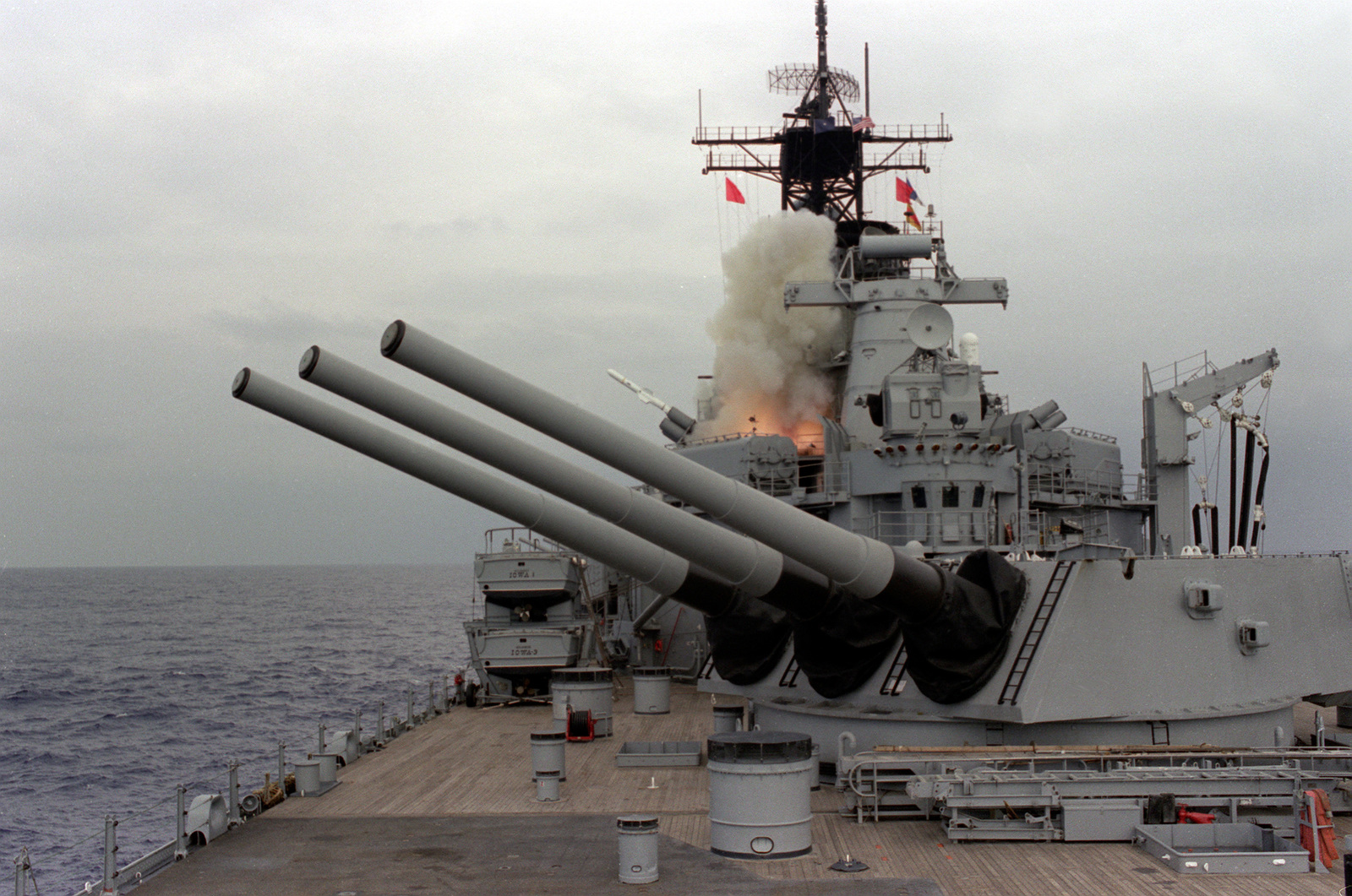 The Battleship Uss Iowa Bb 61 Launches A Harpoon Anti Ship Cruise Missile During Fleet