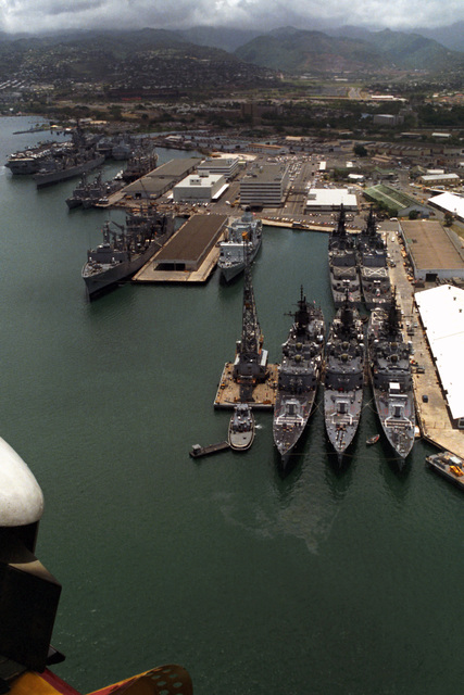 An Aerial View Of The Guided Missile Cruisers Uss Jouett (cg 29), Uss 