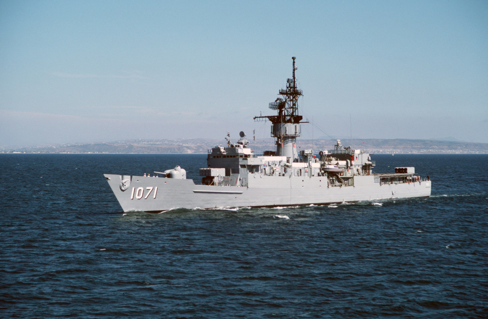 A port bow view of the frigate USS BADGER (FF 1071) underway during a